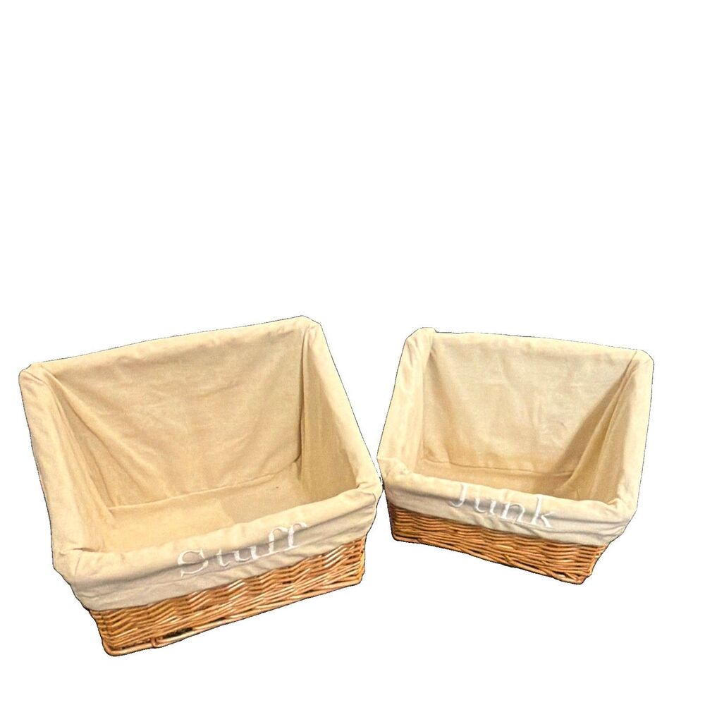 Vintage Pottery Barn Wicker Slanted Baskets Fabric Liners Stuff Junk Set of 2